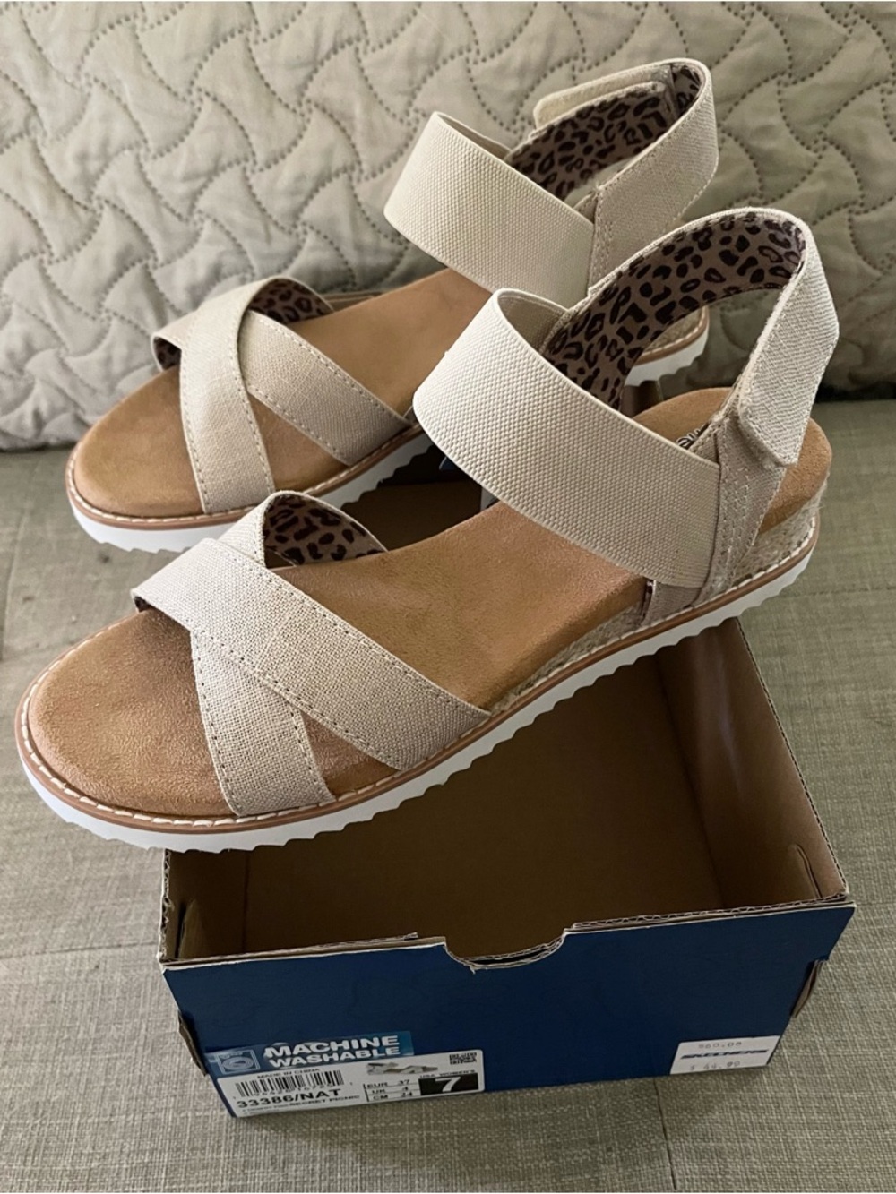 BOBS from Skechers Beige Elastic Strap Sandals with Leopard Lining NWT 7